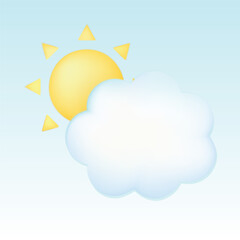 Sun and cloud. Cute pastel cartoon of weather symbol. 3D vector illustration isolated on blue background.