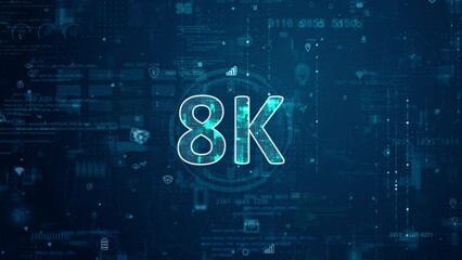 Motion graphic of Blue digital 8K letter logo and futuristic circle HUD with big data processed on grid line background and technology ai icon screen abstract background video resolution concepts - Powered by Adobe