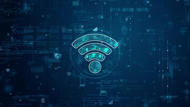 Motion graphic of Blue digital WIFI logo and futuristic circle HUD with big data processed on grid line background and technology ai icon screen abstract background wireless connection concepts