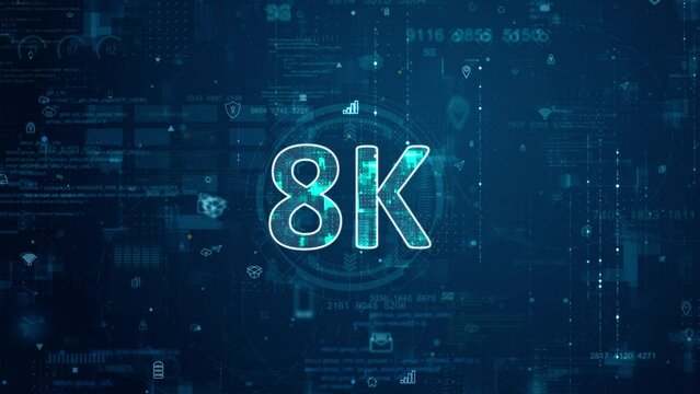Motion graphic of Blue digital 8K letter logo and futuristic circle HUD with big data processed on grid line background and technology ai icon screen abstract background video resolution concepts - Powered by Adobe