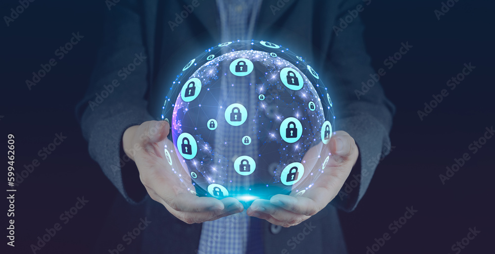 Aufkleber cybersecurity and global communication, secure data network technology, cyberattack protection for w