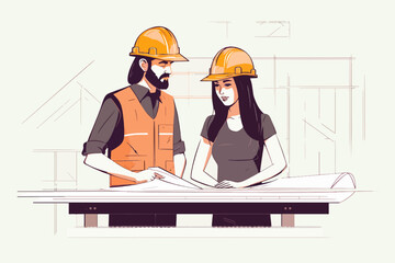 Architect and engineer working on construction site. Engineering, building, engineering, architecture, teamwork concept. Vector illustration in cartoon style