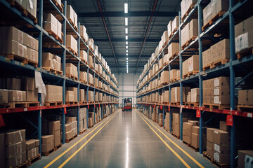 Obraz premium Rows of shelves with goods boxes in modern industry warehouse store at factory warehouse storage
