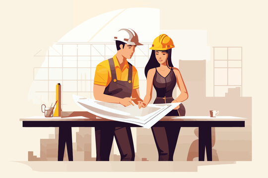 Architect and engineer working on construction site. Engineering, building, engineering, architecture, teamwork concept. Vector illustration in cartoon style