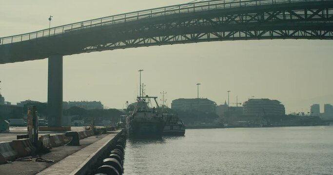 Port under the bridge Ponte del mare in Pescara, Abruzzo, Italy in 4K