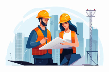 Architect and engineer working on construction site. Engineering, building, engineering, architecture, teamwork concept. Vector illustration in cartoon style