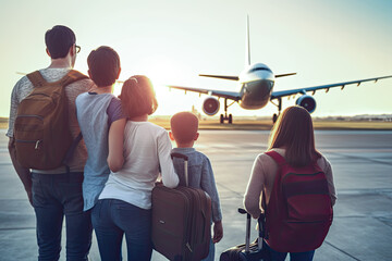 The family carrying backpacks are waiting for boarding at the airport. Passengers carrying hand luggage