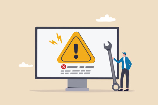System error, software problem or system failure, security alert or hardware fault to be fixed, caution or maintenance concept, young technician holding wrench fix system failure message on computer.