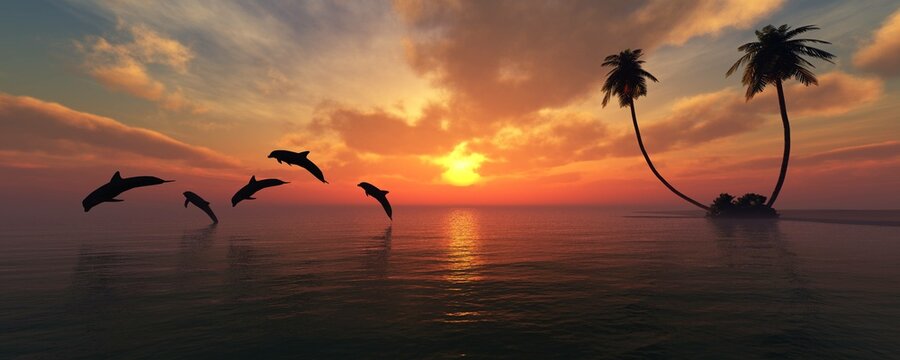 Landscape with dolphins and palm trees, dolphins in the sea at sunset, 3d rendering