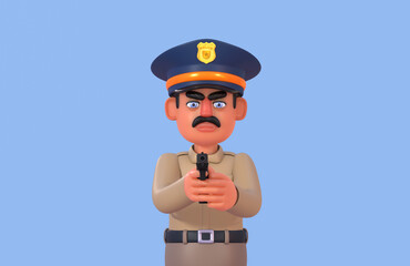 3d render of policeman pointing gun at camera