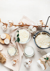 Basic set for home-made natural white eco soy wax candles in glass, wick, perfume. Idea for a hobby, business. Making trendy diy candles without harm to health on white background.