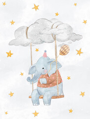 Watercolor elephant swings on a swing in the sky poster, stars, clouds, ballons, sky, illustration, wall art, nursery art, Baby print or poster. Hand drawn cute illustration Contemporary art.