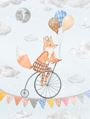 Watercolor circus fox rides a bicycle poster, moon, clouds, ballons, sky, illustration, wall art, nursery art, Baby print or poster. Hand drawn cute illustration Contemporary art.