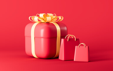 Shopping bags and gift in the red background, 3d rendering.