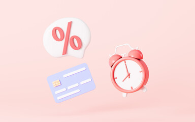 Clock and bank card in the pink background, limited time promotion concept, 3d rendering.