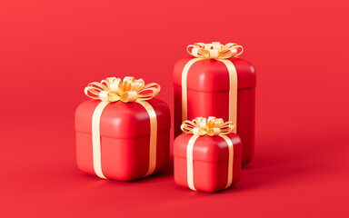 Gifts of all sizes in the red background, 3d rendering.