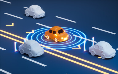 Autonomous Self Driving Car Moving through highway, Autopilot and sensing systems, 3d rendering.