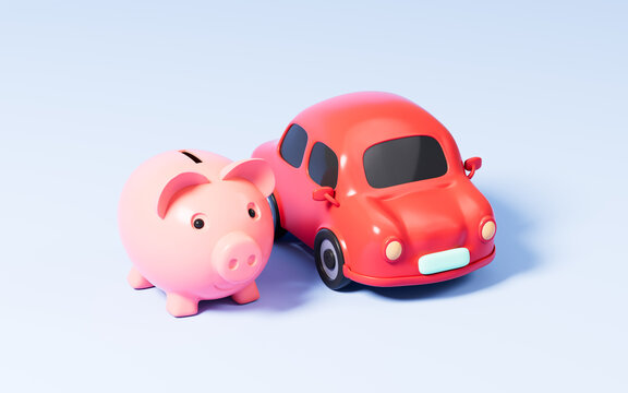 Cartoon piggy bank and red car on the blue background, 3d rendering.
