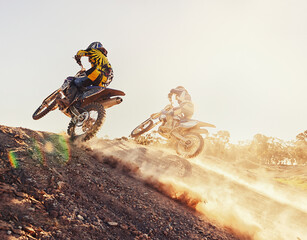 Time to rip up this track. A shot of two dirtbike racers going head-to-head on the track.
