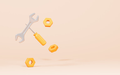 Cartoon repair tools on the yellow background, 3d rendering.