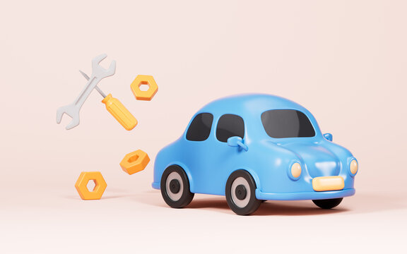 Car repair with spanner on the yellow background, automobile maintenance, 3d rendering.