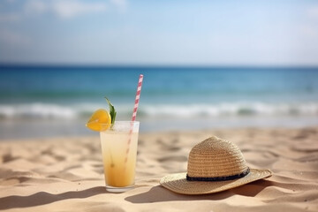Travel and vacation concept. Cocktail, straw hat and sunglasses placed on beach. Calm ocean or sea in background. Copy space. Generative AI