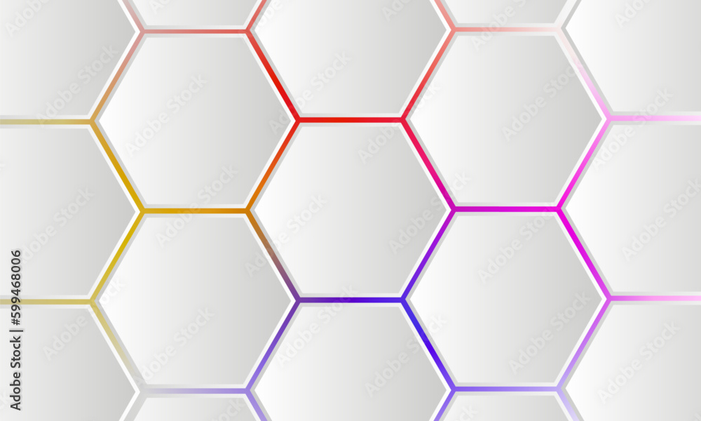 Leinwandbilder White 3d hexagonal technology vector abstract background. Colored bright energy flashes under hexagon in modern technology futuristic background vector illustration. White honeycomb texture grid.