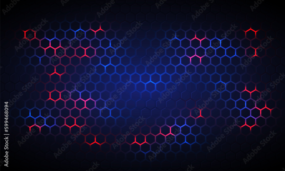 Poster Dark hexagonal technology vector abstract background. Blue and red bright energy flashes under hexagon in modern technology futuristic background vector illustration. Dark blue honeycomb texture grid.