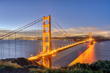 The famous Golden Gate Bridge in San Francisco at night