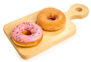 Mixed donuts, original flavor, marmalade and fancy toppings on wooden plate on wooden background on Isolate white with clipping path.