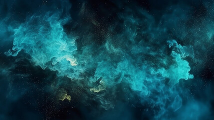 
On a dark background, a mist of shimmering blue dust particles creates a hazy wave effect, resembling ink water splashes. 