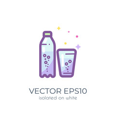 Cute colorful bottle of water and glass isolated on white