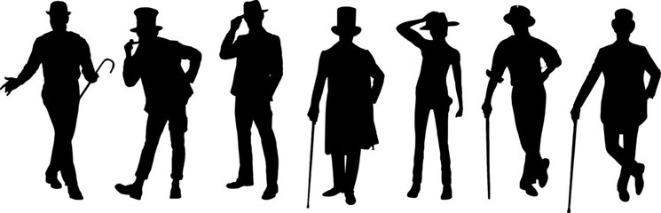 Black and White Vector Silhouette Set of Men Wearing Hats in Standing Position