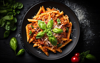 Classic italian pasta penne alla arrabiata with basil and freshly parmesan cheese on dark table. Penne pasta with sauce. Top view - obrazy, fototapety, plakaty