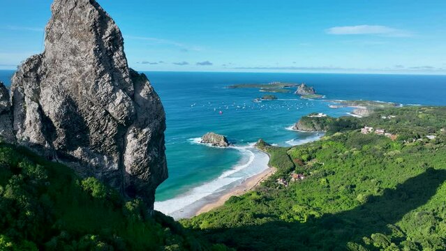 Volcano Rock At Fernando De Noronha Pernambuco Brazil. Seascape Coastal Background. Blue Landscape Beach Party Beauty. Blue Seaside Beach Party Watercolor Coast. Blue Beauty Sunny Day Travelling.