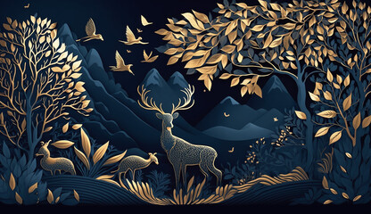 Dark blue mural wallpaper from the contemporary era Christmas tree, mountain, deer, birds, and waves of gold on a dark blue backdrop depicting a jungle or forest. Generative AI