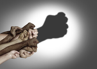 United For Justice as a social unity to fight for the rights of society as a group of diverse hands...
