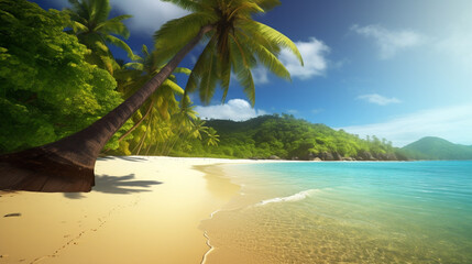 Beautiful tropical beach sea ocean with coconut palm trees around white cloud blue sky for vacation travel background