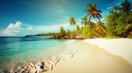 Naklejka na ściany i meble Beautiful tropical beach sea ocean with coconut palm trees around white cloud blue sky for vacation travel background