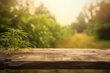 Empty wood table in front of marijuana plantation blurred bokeh background concept image for product Generative AI 