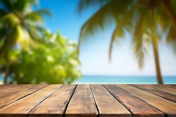 Empty wood table in front of blue sky on summer sea with palm leaf blurred bokeh background concept image for product Generative AI	