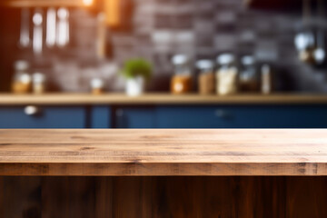 Empty wood table in front in kitchen room blurred background concept image for product Generative AI