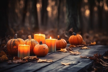 Copy space halloween concept wood table with pumpkins blurred bokeh background concept image for product commercial ad Generative AI - obrazy, fototapety, plakaty