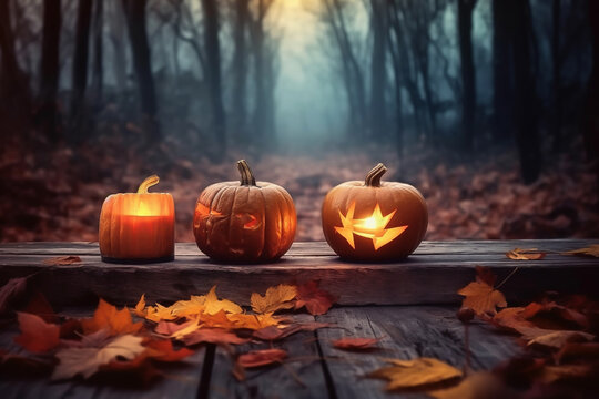 Copy space halloween concept wood table with pumpkins blurred bokeh background concept image for product commercial ad Generative AI