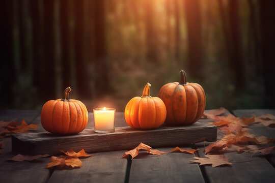Copy space halloween concept wood table with pumpkins blurred bokeh background concept image for product commercial ad Generative AI