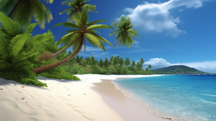Naklejka na ściany i meble Beautiful tropical beach sea ocean with coconut palm trees around white cloud blue sky for vacation travel background