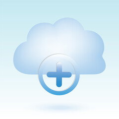 Cloud with cross arrow inside circle., Add to cloud. Cute pastel cartoon of cloud computing, cloud network and technology symbol. 3D vector illustration isolated on blue background.
