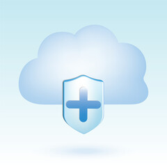 Cloud with plus mark and shield. Cloud protection. Cute pastel cartoon of cloud computing, cloud network and technology symbol. 3D vector illustration isolated on blue background.