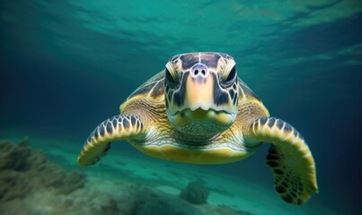 The joy of a happy sea turtle swimming in its portrait Creating using generative AI tools