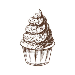 A hand-drawn sketch of frozen yogurt or soft ice cream in a cup. Vintage illustration. Element for the design of labels, packaging and postcards..